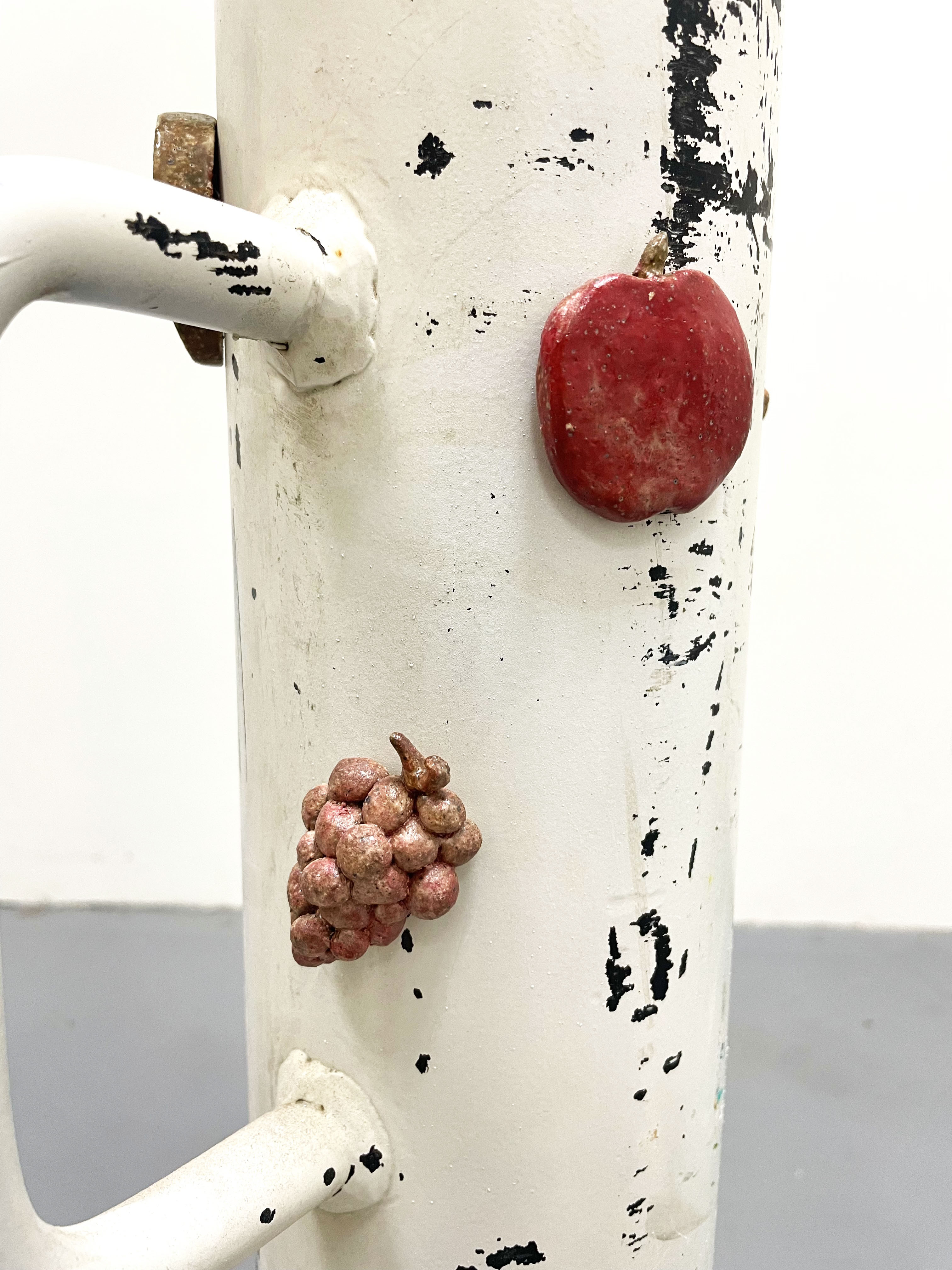 A Fruited Plane - A sculpture by Brian Dario, Featuring a close up of a paint chipped battering ram, showing the details of grape and apple ceramic fruit magnets
